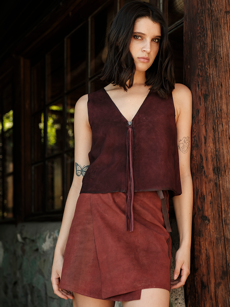 Top Gamuza Sand Burdeo | Top Sin Mangas Cuero Premium Mujer Chile