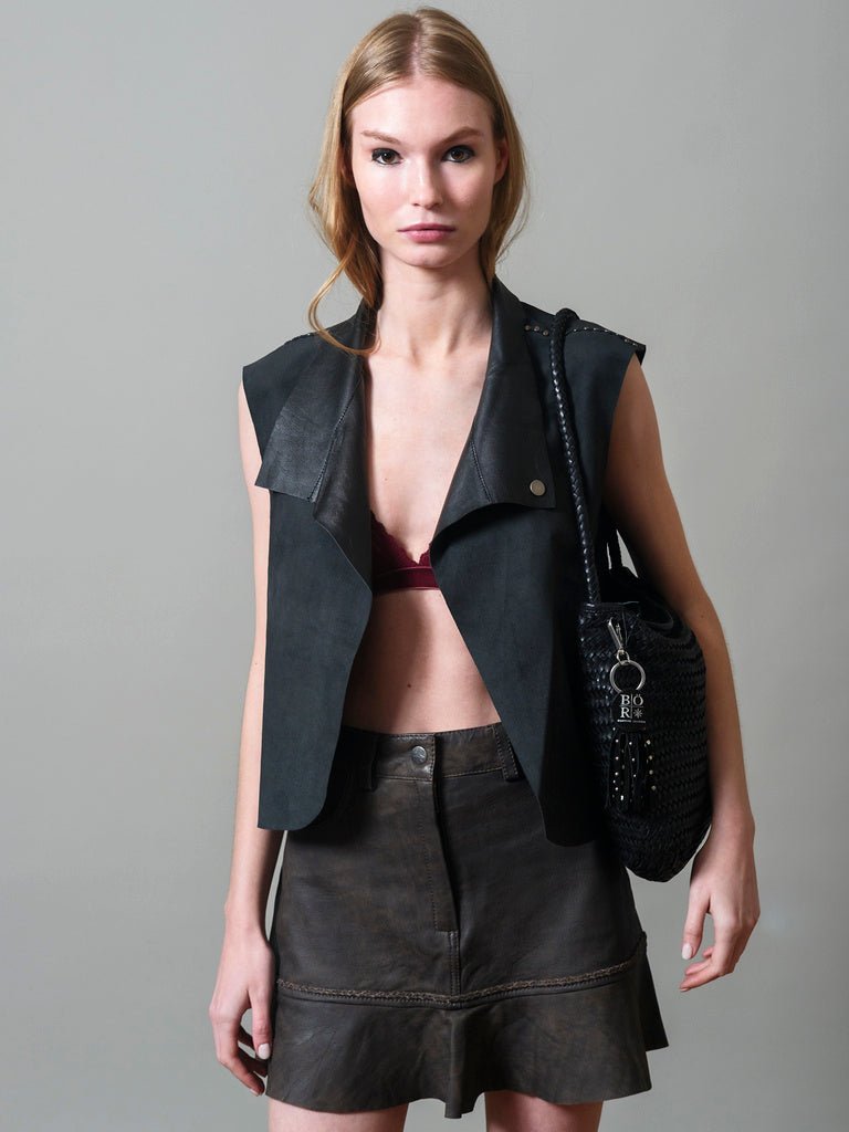 Cartera Cuero Trenzada Color Negro - Bor spa