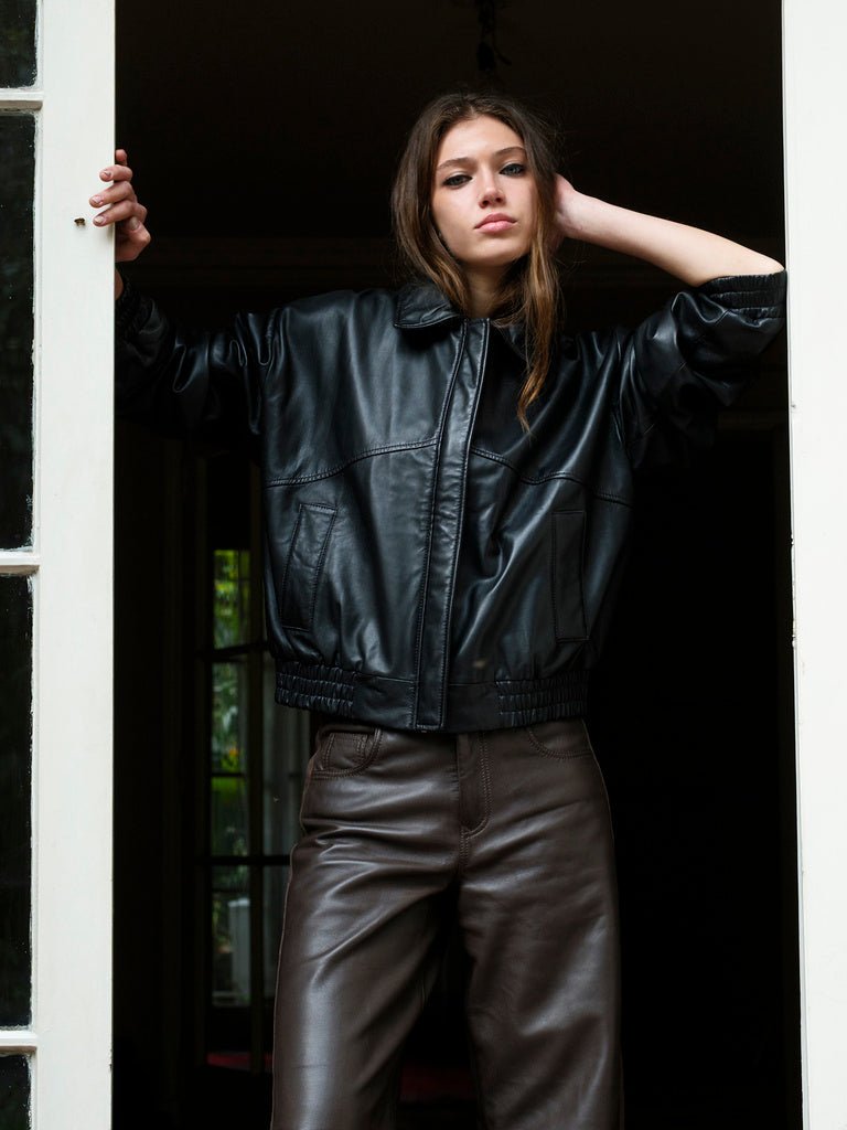 Chaqueta Cuero Bomber Color Negro - Bor spa