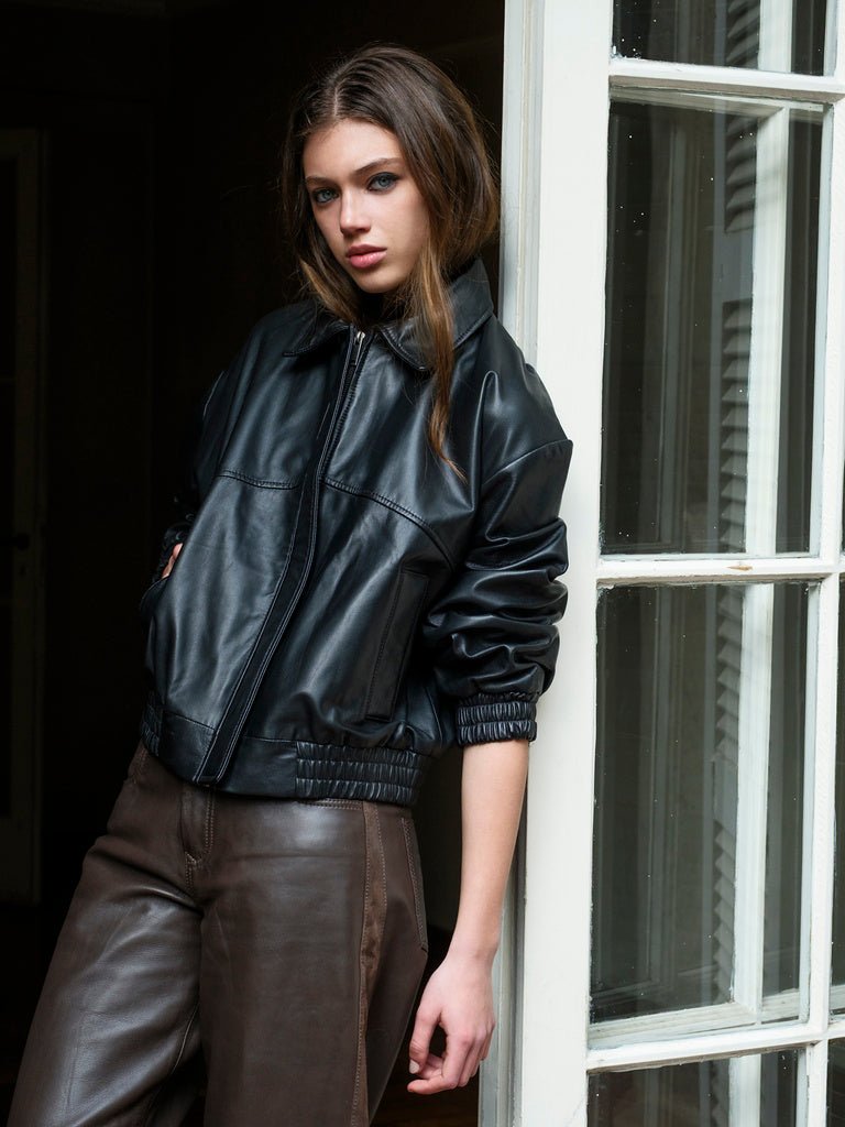 Chaqueta Cuero Bomber Color Negro - Bor spa