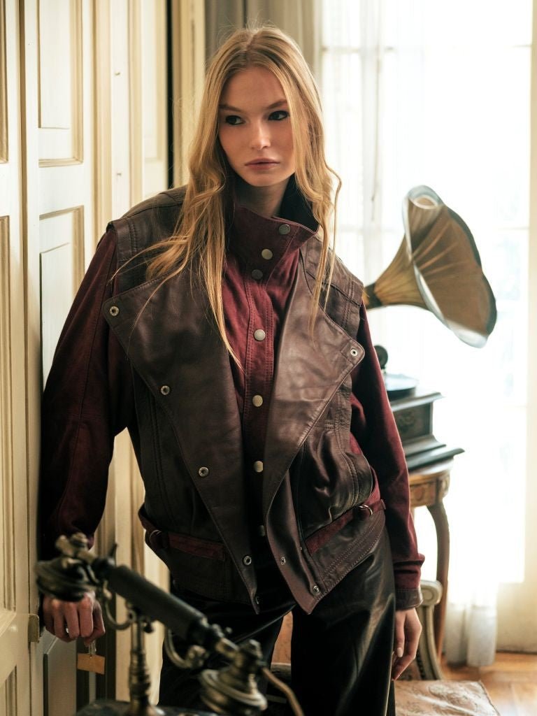 Chaqueta Ivy Cuero y Gamuza Burdeo - Bor spa