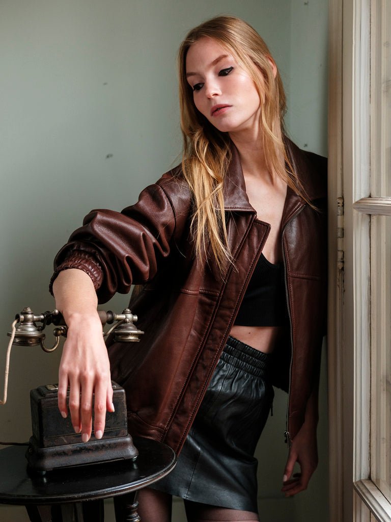 PREVENTA Chaqueta Cuero Bomber Color Cafe - Bor spa
